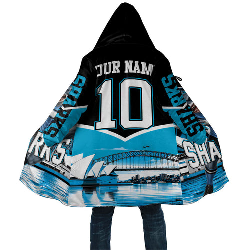 Personalised Sydney Sharks Rugby Cloak Muscular Mascot Harbour Bridge Skyline Graphic