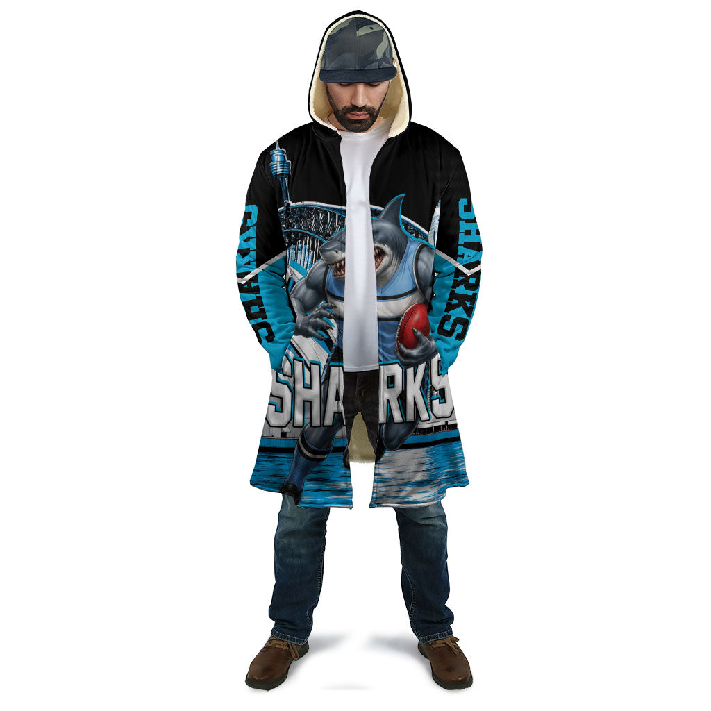 Personalised Sydney Sharks Rugby Cloak Muscular Mascot Harbour Bridge Skyline Graphic