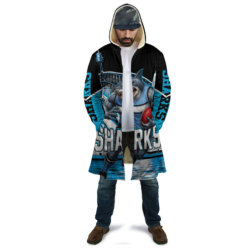 Personalised Sydney Sharks Rugby Cloak Muscular Mascot Harbour Bridge Skyline Graphic