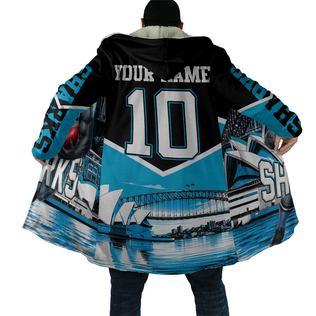 Personalised Sydney Sharks Rugby Cloak Muscular Mascot Harbour Bridge Skyline Graphic