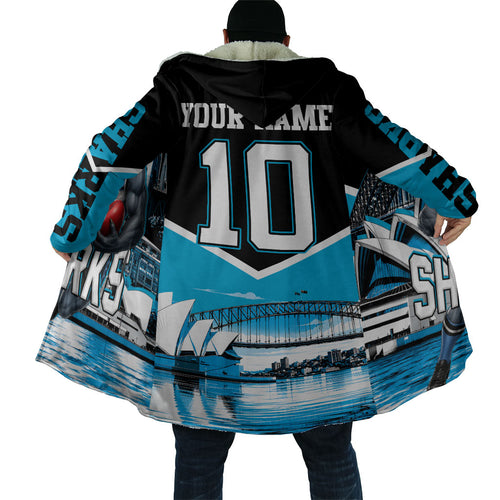Personalised Sydney Sharks Rugby Cloak Muscular Mascot Harbour Bridge Skyline Graphic