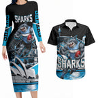 Personalised Sydney Sharks Rugby Couples Matching Long Sleeve Bodycon Dress and Hawaiian Shirt Muscular Mascot Harbour Bridge Skyline Graphic