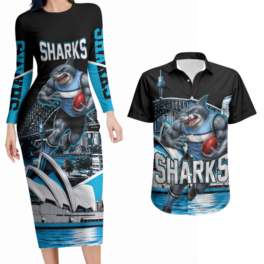 Personalised Sydney Sharks Rugby Couples Matching Long Sleeve Bodycon Dress and Hawaiian Shirt Muscular Mascot Harbour Bridge Skyline Graphic