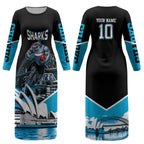 Personalised Sydney Sharks Rugby Couples Matching Long Sleeve Bodycon Dress and Hawaiian Shirt Muscular Mascot Harbour Bridge Skyline Graphic