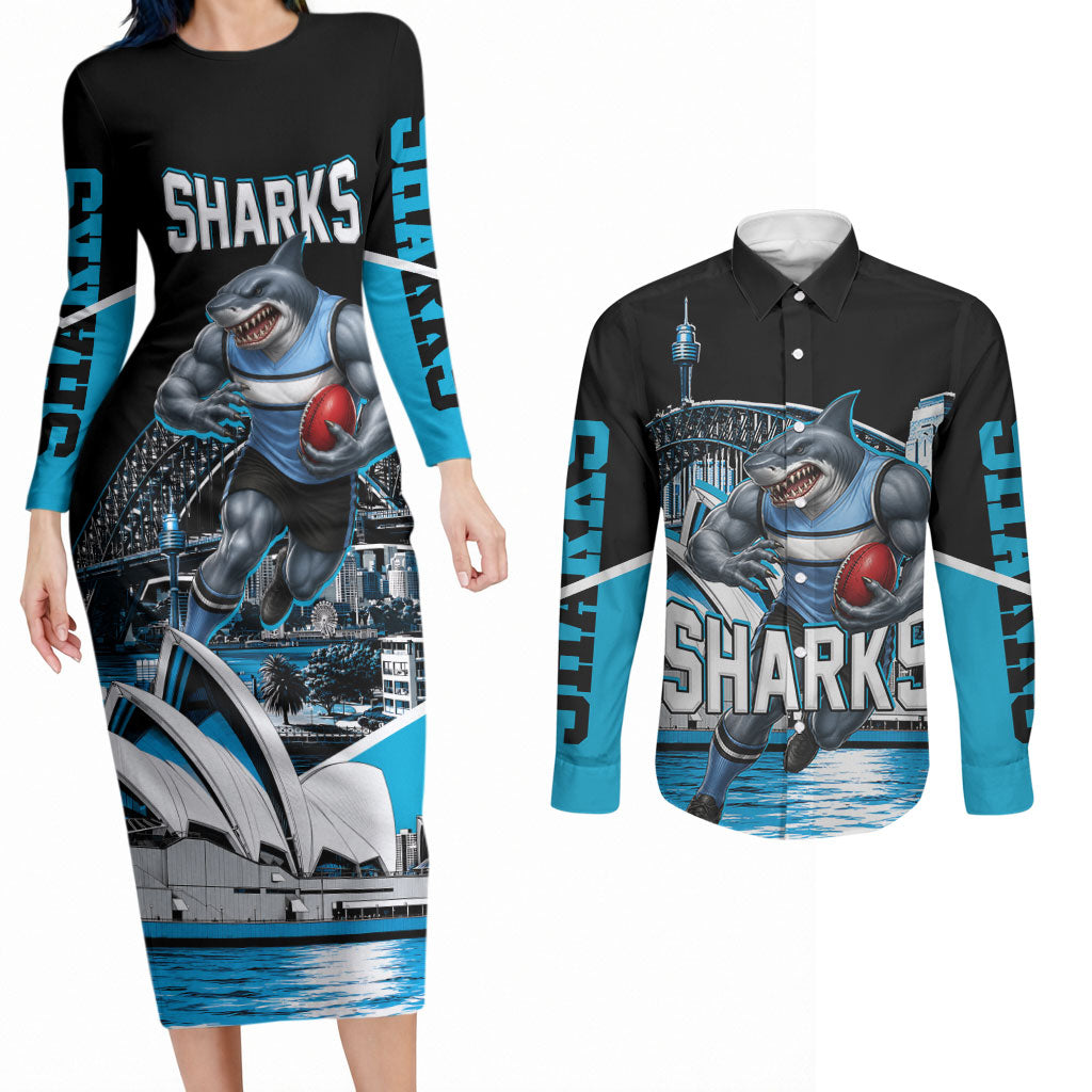 Personalised Sydney Sharks Rugby Couples Matching Long Sleeve Bodycon Dress and Long Sleeve Button Shirt Muscular Mascot Harbour Bridge Skyline Graphic