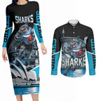 Personalised Sydney Sharks Rugby Couples Matching Long Sleeve Bodycon Dress and Long Sleeve Button Shirt Muscular Mascot Harbour Bridge Skyline Graphic
