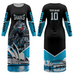 Personalised Sydney Sharks Rugby Couples Matching Long Sleeve Bodycon Dress and Long Sleeve Button Shirt Muscular Mascot Harbour Bridge Skyline Graphic
