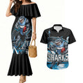 Personalised Sydney Sharks Rugby Couples Matching Mermaid Dress and Hawaiian Shirt Muscular Mascot Harbour Bridge Skyline Graphic