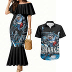 Personalised Sydney Sharks Rugby Couples Matching Mermaid Dress and Hawaiian Shirt Muscular Mascot Harbour Bridge Skyline Graphic