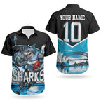 Personalised Sydney Sharks Rugby Couples Matching Mermaid Dress and Hawaiian Shirt Muscular Mascot Harbour Bridge Skyline Graphic