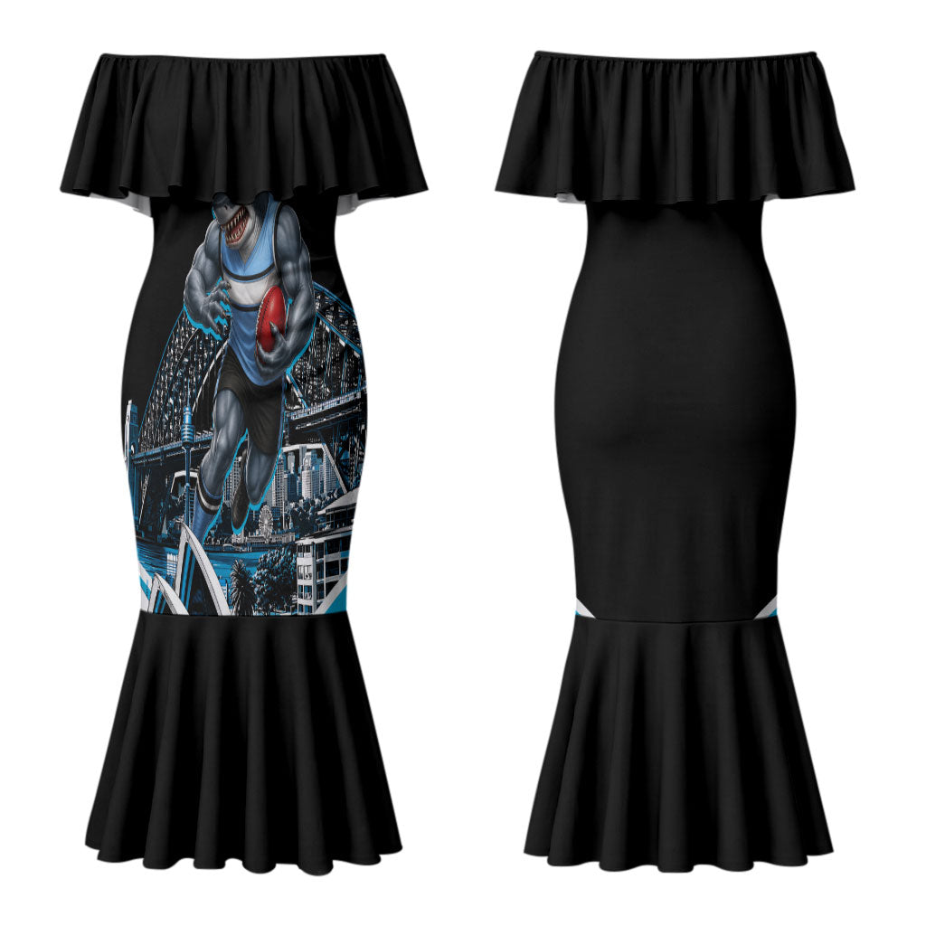 Personalised Sydney Sharks Rugby Couples Matching Mermaid Dress and Hawaiian Shirt Muscular Mascot Harbour Bridge Skyline Graphic