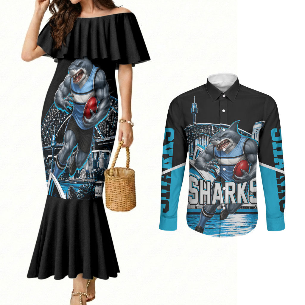 Personalised Sydney Sharks Rugby Couples Matching Mermaid Dress and Long Sleeve Button Shirt Muscular Mascot Harbour Bridge Skyline Graphic