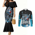 Personalised Sydney Sharks Rugby Couples Matching Mermaid Dress and Long Sleeve Button Shirt Muscular Mascot Harbour Bridge Skyline Graphic