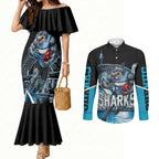 Personalised Sydney Sharks Rugby Couples Matching Mermaid Dress and Long Sleeve Button Shirt Muscular Mascot Harbour Bridge Skyline Graphic