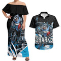Personalised Sydney Sharks Rugby Couples Matching Off Shoulder Maxi Dress and Hawaiian Shirt Muscular Mascot Harbour Bridge Skyline Graphic