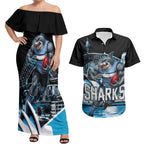 Personalised Sydney Sharks Rugby Couples Matching Off Shoulder Maxi Dress and Hawaiian Shirt Muscular Mascot Harbour Bridge Skyline Graphic