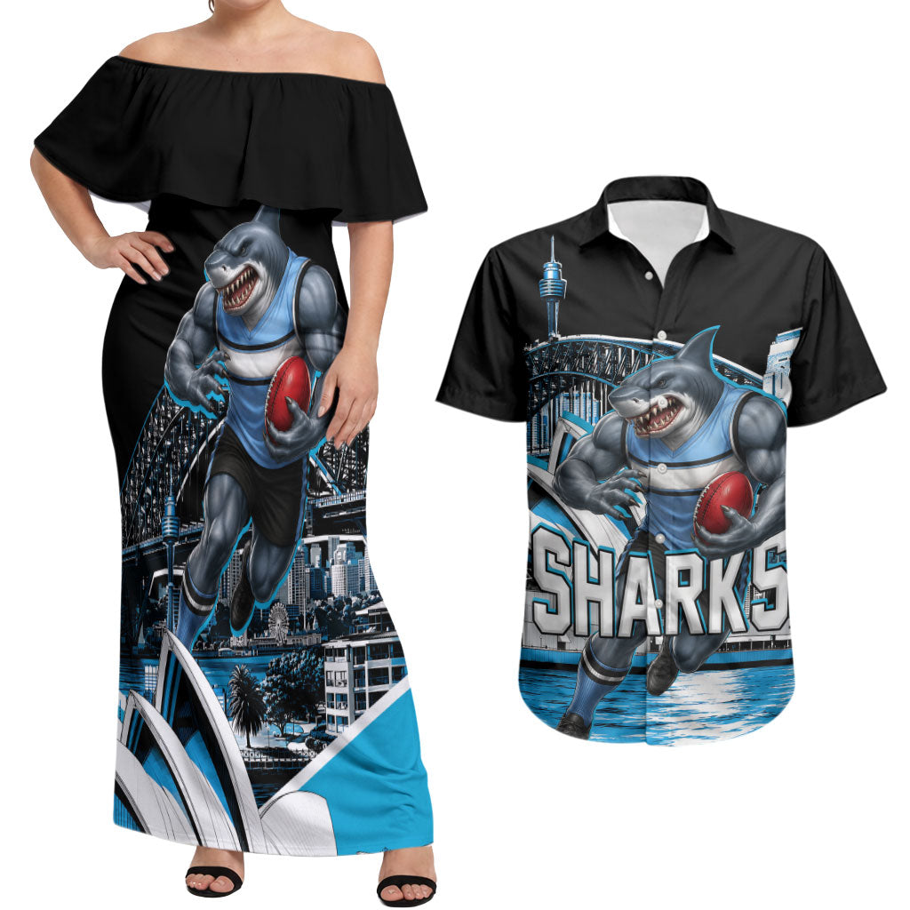 Personalised Sydney Sharks Rugby Couples Matching Off Shoulder Maxi Dress and Hawaiian Shirt Muscular Mascot Harbour Bridge Skyline Graphic