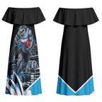 Personalised Sydney Sharks Rugby Couples Matching Off Shoulder Maxi Dress and Hawaiian Shirt Muscular Mascot Harbour Bridge Skyline Graphic