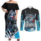 Personalised Sydney Sharks Rugby Couples Matching Off Shoulder Maxi Dress and Long Sleeve Button Shirt Muscular Mascot Harbour Bridge Skyline Graphic