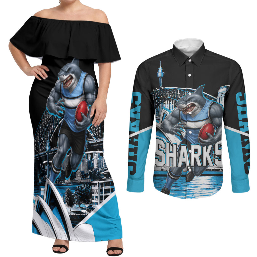 Personalised Sydney Sharks Rugby Couples Matching Off Shoulder Maxi Dress and Long Sleeve Button Shirt Muscular Mascot Harbour Bridge Skyline Graphic