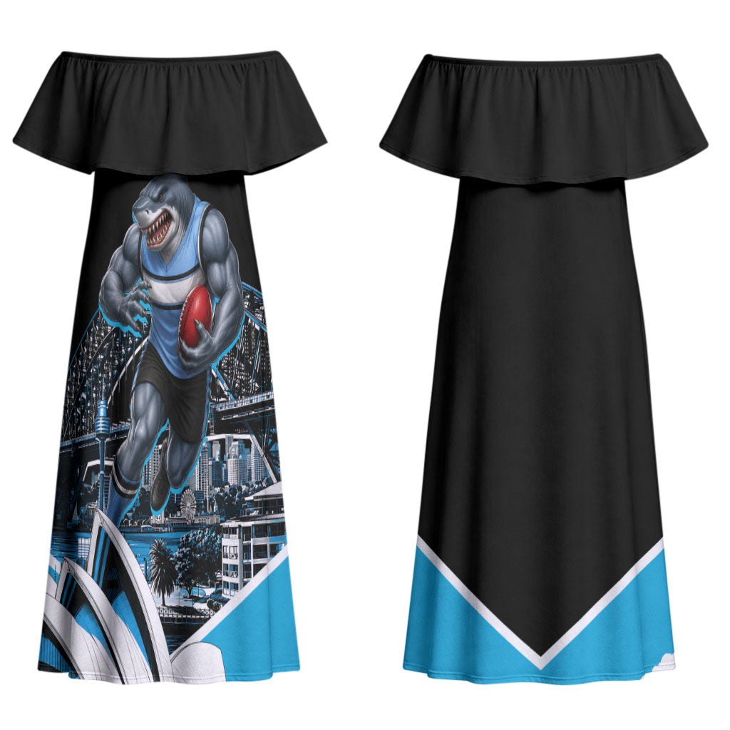Personalised Sydney Sharks Rugby Couples Matching Off Shoulder Maxi Dress and Long Sleeve Button Shirt Muscular Mascot Harbour Bridge Skyline Graphic