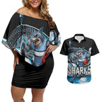 Personalised Sydney Sharks Rugby Couples Matching Off Shoulder Short Dress and Hawaiian Shirt Muscular Mascot Harbour Bridge Skyline Graphic