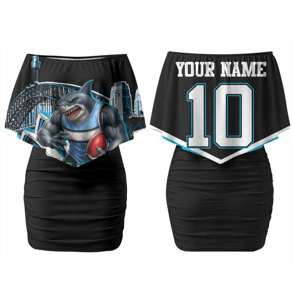 Personalised Sydney Sharks Rugby Couples Matching Off Shoulder Short Dress and Hawaiian Shirt Muscular Mascot Harbour Bridge Skyline Graphic