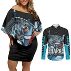 Personalised Sydney Sharks Rugby Couples Matching Off Shoulder Short Dress and Long Sleeve Button Shirt Muscular Mascot Harbour Bridge Skyline Graphic