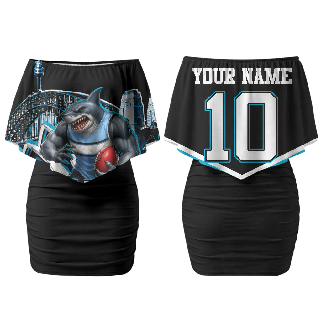 Personalised Sydney Sharks Rugby Couples Matching Off Shoulder Short Dress and Long Sleeve Button Shirt Muscular Mascot Harbour Bridge Skyline Graphic