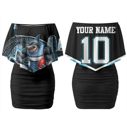 Personalised Sydney Sharks Rugby Couples Matching Off Shoulder Short Dress and Long Sleeve Button Shirt Muscular Mascot Harbour Bridge Skyline Graphic