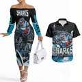 Personalised Sydney Sharks Rugby Couples Matching Off The Shoulder Long Sleeve Dress and Hawaiian Shirt Muscular Mascot Harbour Bridge Skyline Graphic