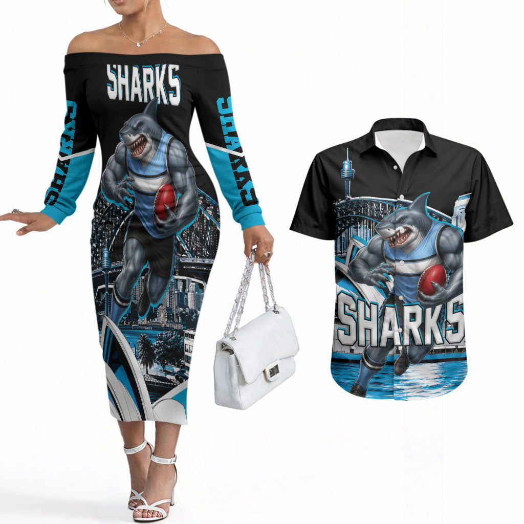 Personalised Sydney Sharks Rugby Couples Matching Off The Shoulder Long Sleeve Dress and Hawaiian Shirt Muscular Mascot Harbour Bridge Skyline Graphic