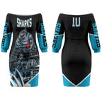 Personalised Sydney Sharks Rugby Couples Matching Off The Shoulder Long Sleeve Dress and Hawaiian Shirt Muscular Mascot Harbour Bridge Skyline Graphic