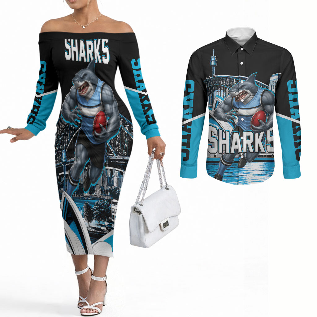 Personalised Sydney Sharks Rugby Couples Matching Off The Shoulder Long Sleeve Dress and Long Sleeve Button Shirt Muscular Mascot Harbour Bridge Skyline Graphic