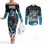 Personalised Sydney Sharks Rugby Couples Matching Off The Shoulder Long Sleeve Dress and Long Sleeve Button Shirt Muscular Mascot Harbour Bridge Skyline Graphic