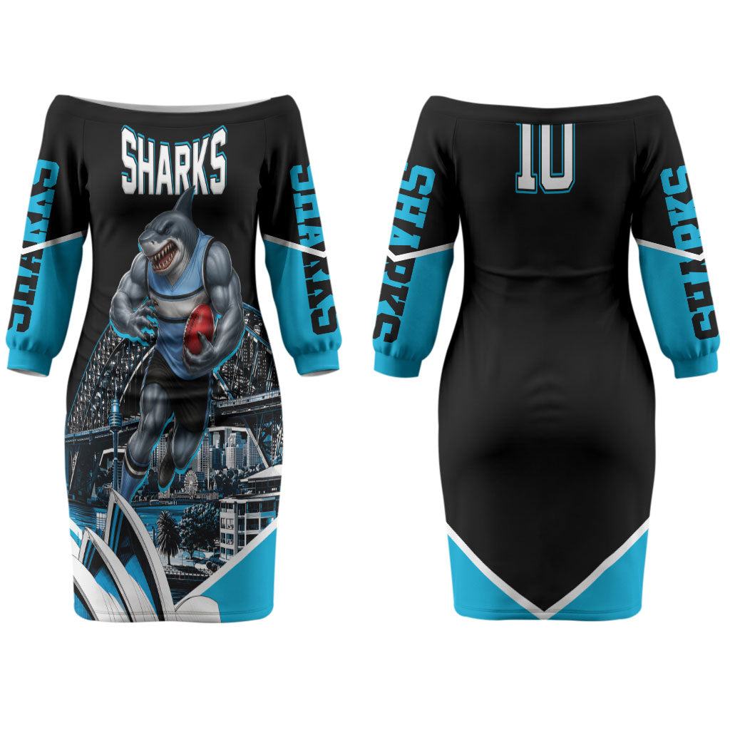 Personalised Sydney Sharks Rugby Couples Matching Off The Shoulder Long Sleeve Dress and Long Sleeve Button Shirt Muscular Mascot Harbour Bridge Skyline Graphic