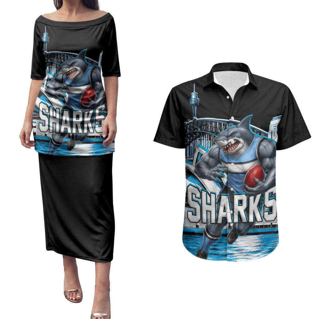 Personalised Sydney Sharks Rugby Couples Matching Puletasi and Hawaiian Shirt Muscular Mascot Harbour Bridge Skyline Graphic