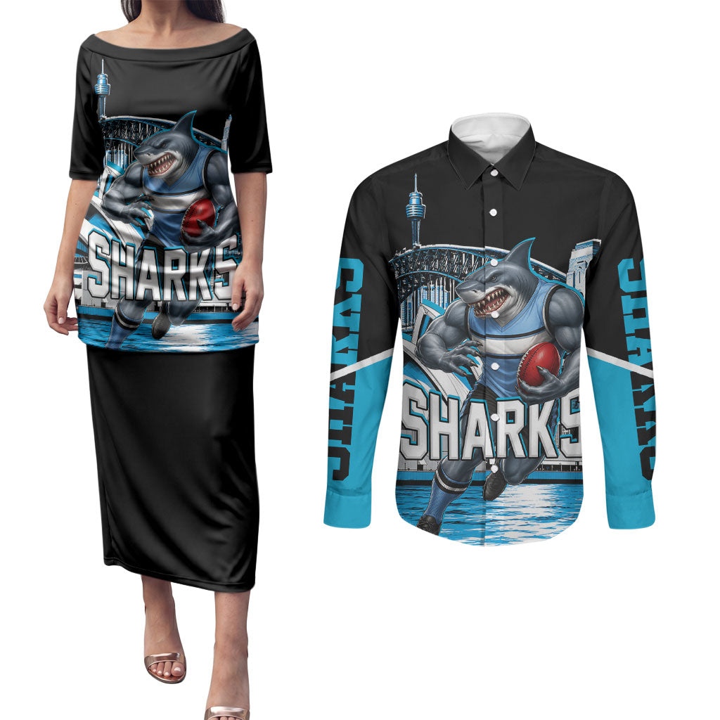 Personalised Sydney Sharks Rugby Couples Matching Puletasi and Long Sleeve Button Shirt Muscular Mascot Harbour Bridge Skyline Graphic