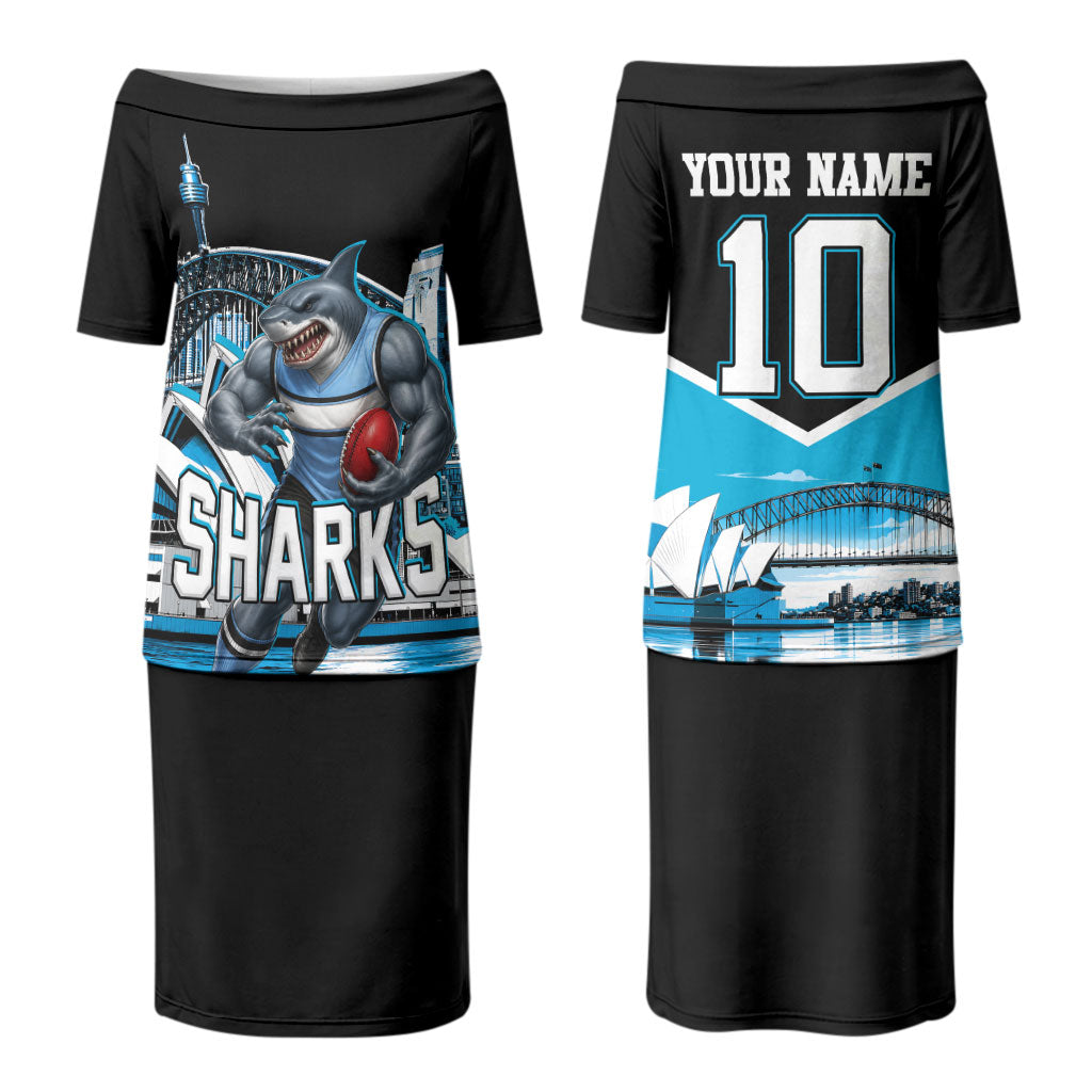 Personalised Sydney Sharks Rugby Couples Matching Puletasi and Long Sleeve Button Shirt Muscular Mascot Harbour Bridge Skyline Graphic
