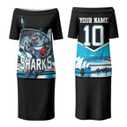 Personalised Sydney Sharks Rugby Couples Matching Puletasi and Long Sleeve Button Shirt Muscular Mascot Harbour Bridge Skyline Graphic