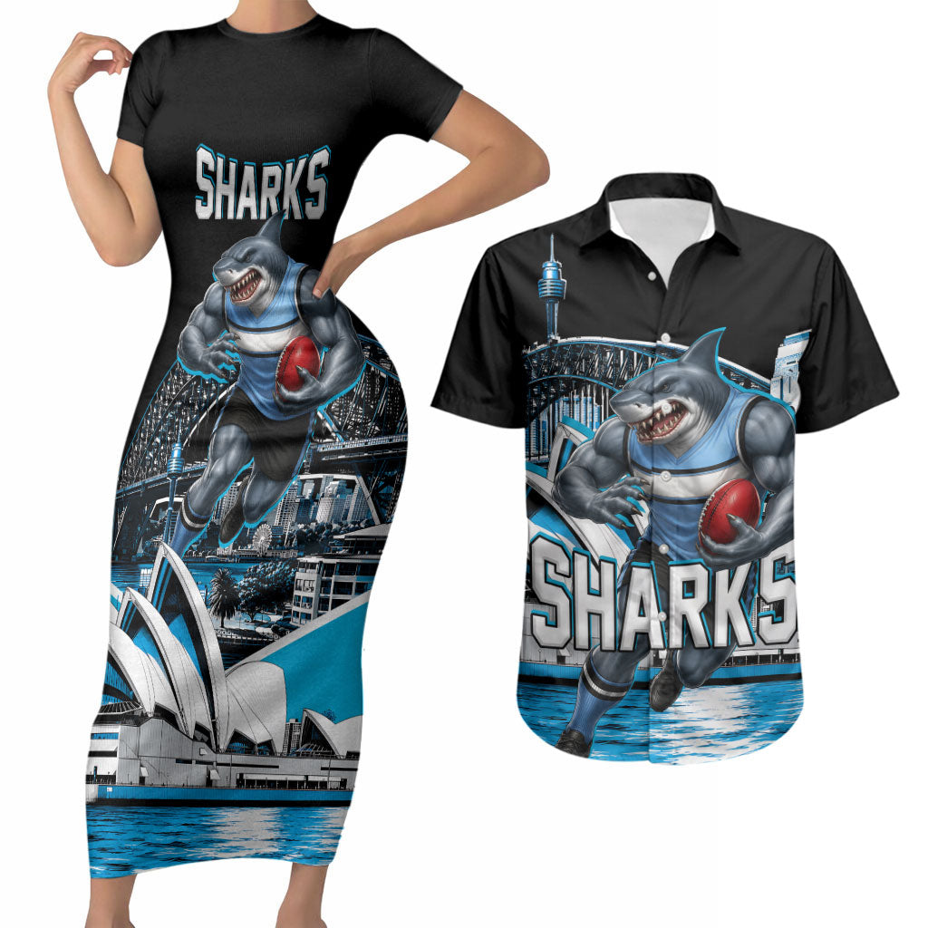 Personalised Sydney Sharks Rugby Couples Matching Short Sleeve Bodycon Dress and Hawaiian Shirt Muscular Mascot Harbour Bridge Skyline Graphic