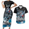 Personalised Sydney Sharks Rugby Couples Matching Short Sleeve Bodycon Dress and Hawaiian Shirt Muscular Mascot Harbour Bridge Skyline Graphic