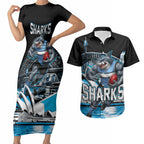 Personalised Sydney Sharks Rugby Couples Matching Short Sleeve Bodycon Dress and Hawaiian Shirt Muscular Mascot Harbour Bridge Skyline Graphic
