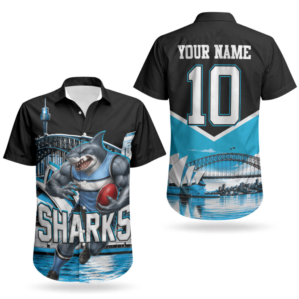 Personalised Sydney Sharks Rugby Couples Matching Short Sleeve Bodycon Dress and Hawaiian Shirt Muscular Mascot Harbour Bridge Skyline Graphic