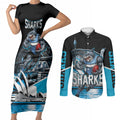 Personalised Sydney Sharks Rugby Couples Matching Short Sleeve Bodycon Dress and Long Sleeve Button Shirt Muscular Mascot Harbour Bridge Skyline Graphic