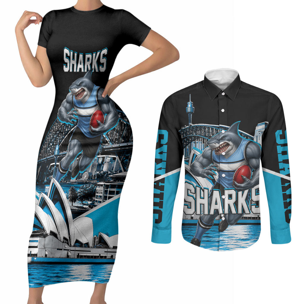 Personalised Sydney Sharks Rugby Couples Matching Short Sleeve Bodycon Dress and Long Sleeve Button Shirt Muscular Mascot Harbour Bridge Skyline Graphic