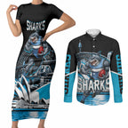Personalised Sydney Sharks Rugby Couples Matching Short Sleeve Bodycon Dress and Long Sleeve Button Shirt Muscular Mascot Harbour Bridge Skyline Graphic