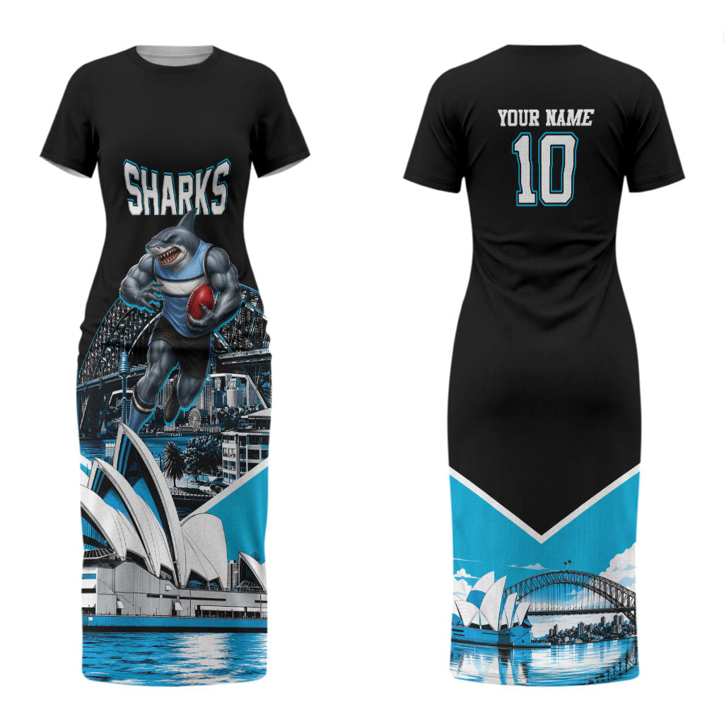 Personalised Sydney Sharks Rugby Couples Matching Short Sleeve Bodycon Dress and Long Sleeve Button Shirt Muscular Mascot Harbour Bridge Skyline Graphic