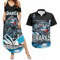 Personalised Sydney Sharks Rugby Couples Matching Summer Maxi Dress and Hawaiian Shirt Muscular Mascot Harbour Bridge Skyline Graphic