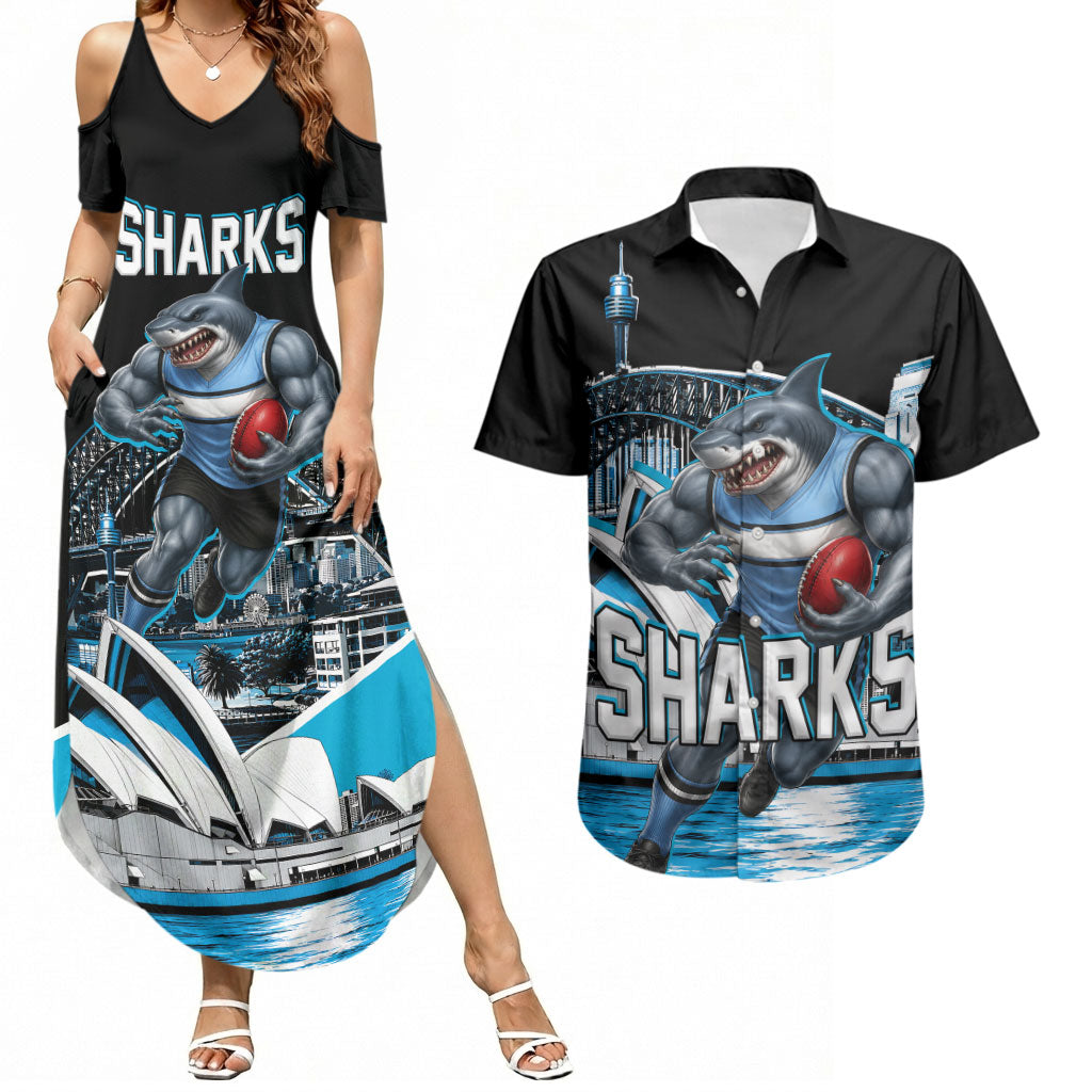 Personalised Sydney Sharks Rugby Couples Matching Summer Maxi Dress and Hawaiian Shirt Muscular Mascot Harbour Bridge Skyline Graphic